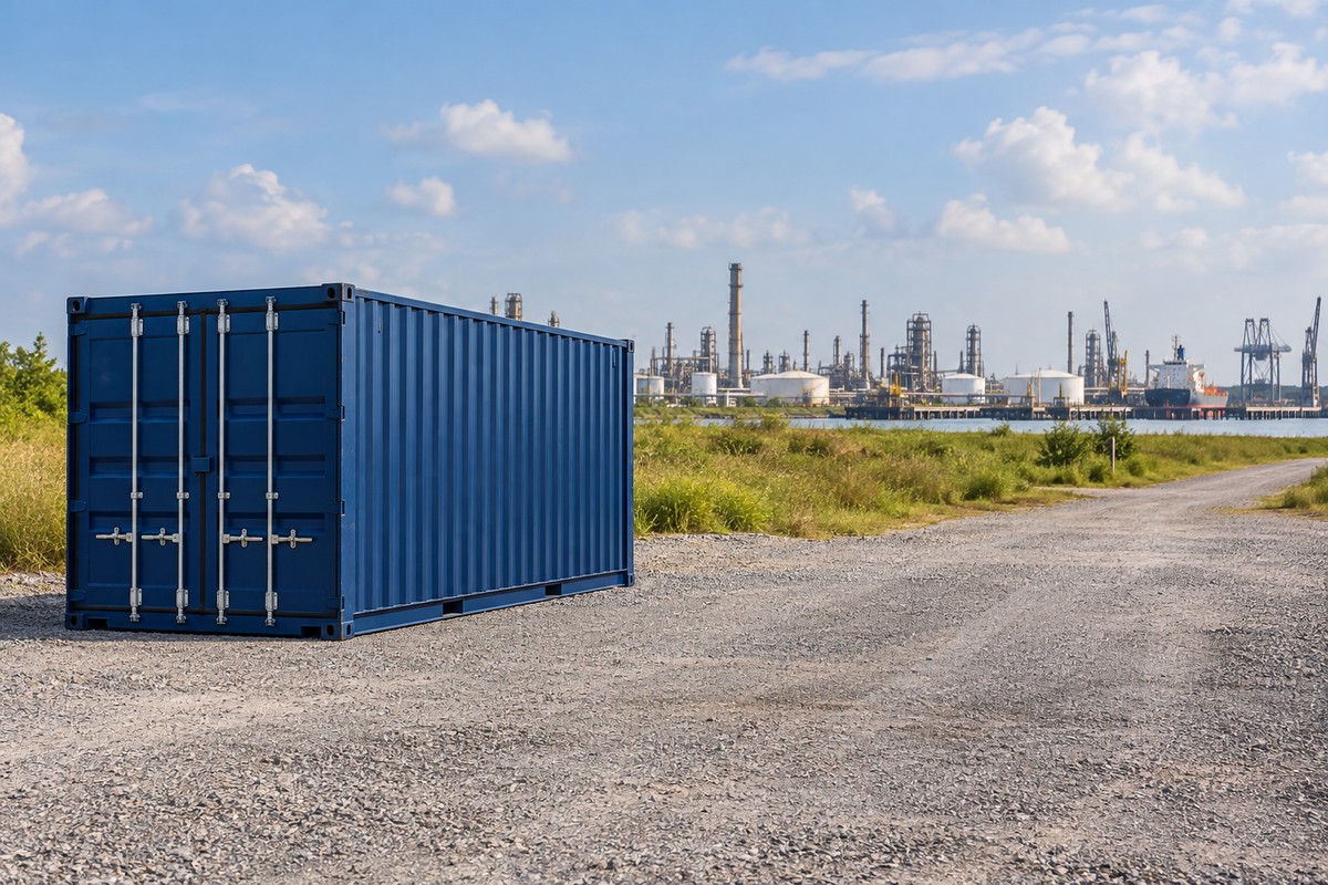 Blue shipping container on a gravel lot with a refinery and a waterway in the background
